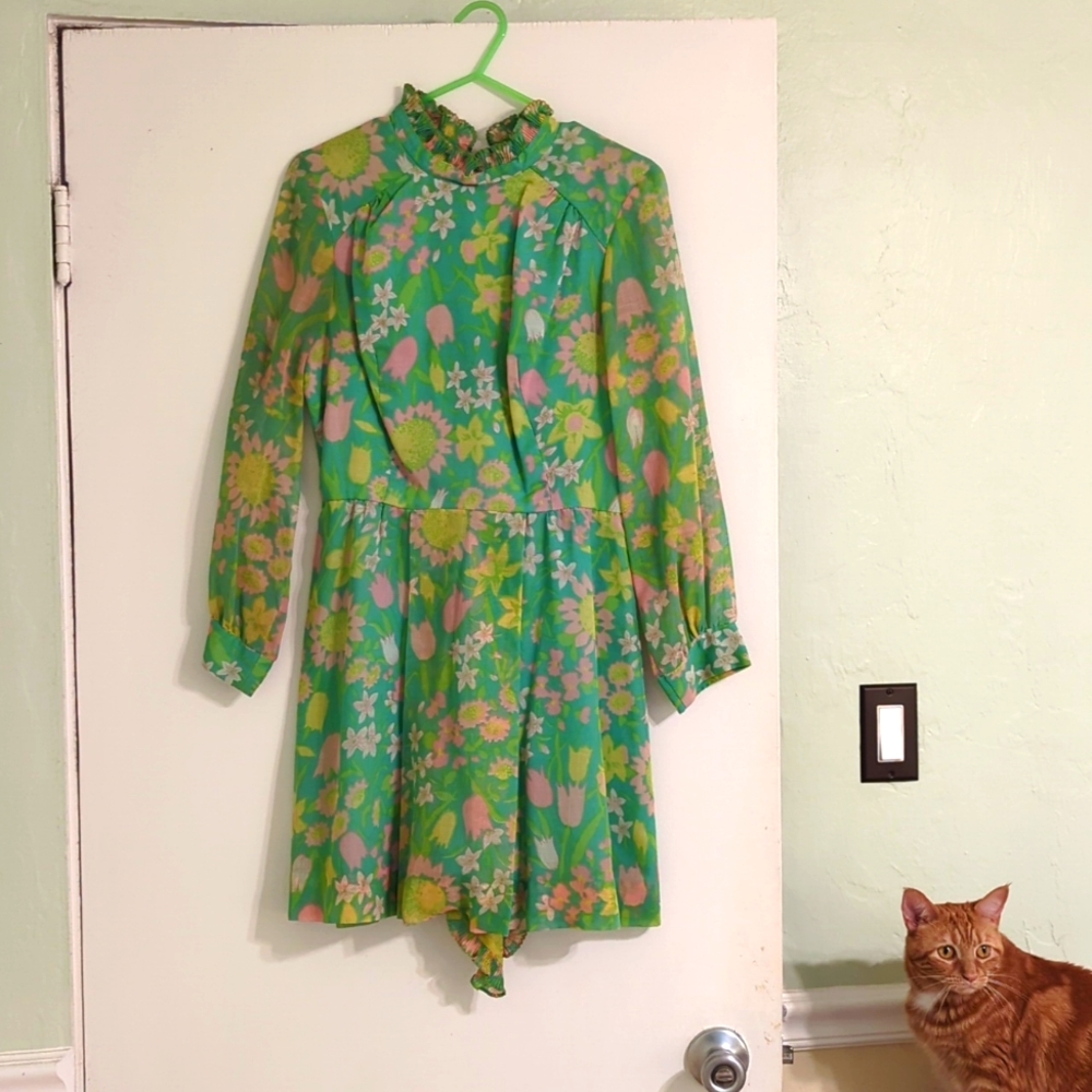 Vintage Colorful Neon Rainbow 1960s Mod GoGo Psychedelic Flower Power Dress